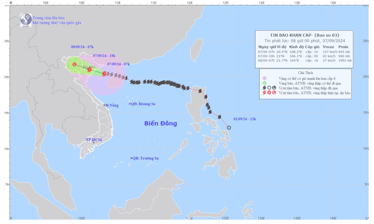 Typhoon Yagi has entered the Gulf of Tonkin and is about to make landfall. Photo: National Center for Hydro-Meteorological Forecasting