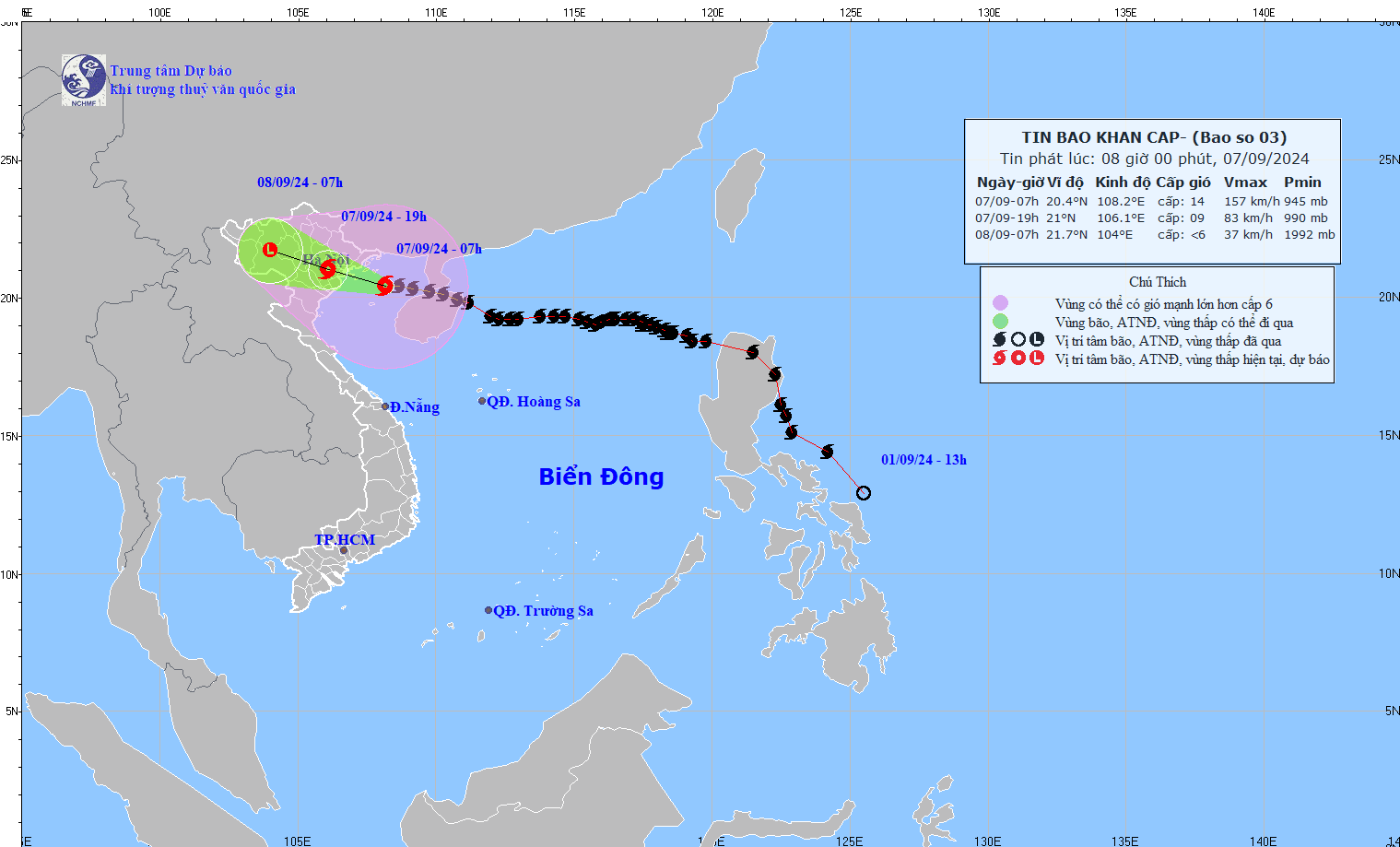 Updated path of storm No. 3 at 8:00 a.m. on September 7. Source: National Center for Hydro-Meteorological Forecasting