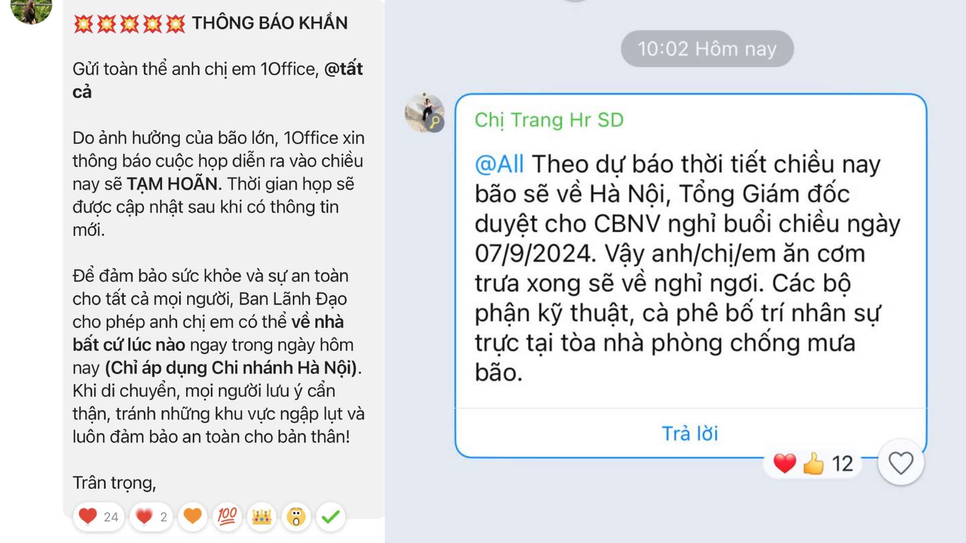 Nhiều công ty ở Hà Nội cho phép nhân viên nghỉ làm để tránh bão. Ảnh chụp màn hình