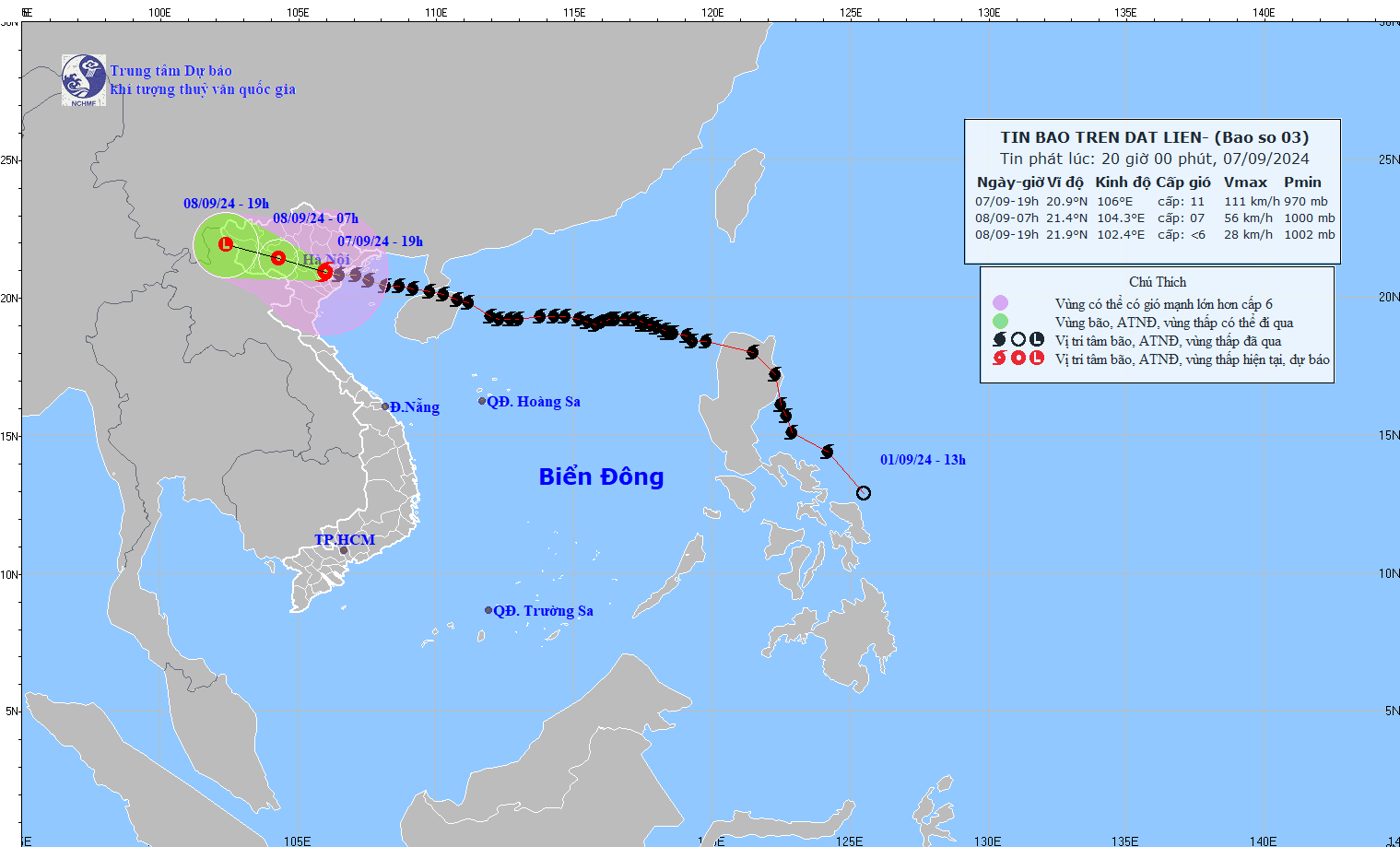 Updated path of storm No. 3 at 8:00 p.m. on September 7. Source: National Center for Hydro-Meteorological Forecasting