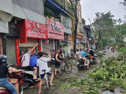 The storm caused trees and electric poles to fall on Me Linh Street, forcing pedestrians to crawl under a "curtain" of electric wires.