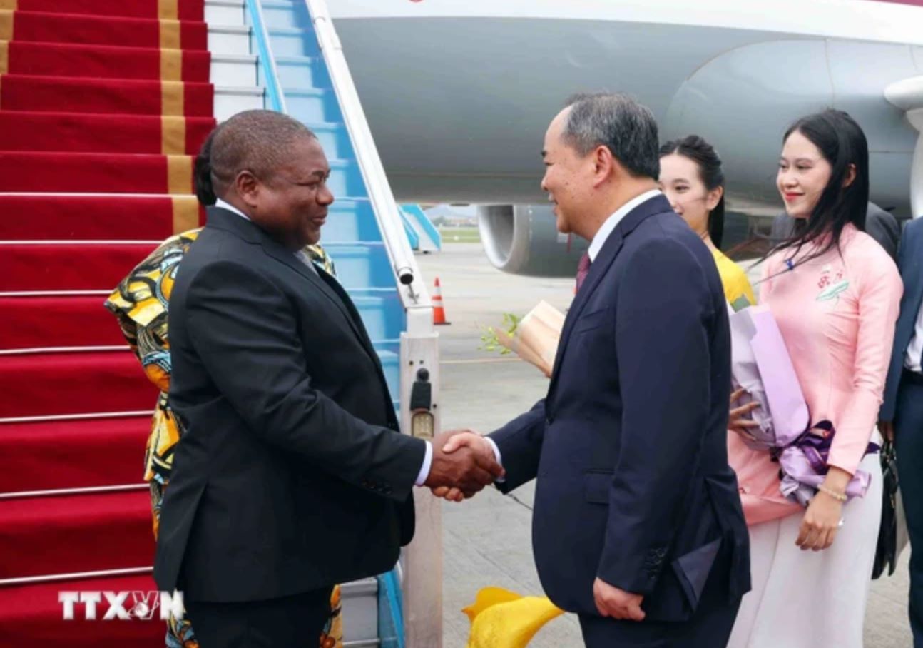 Head of the Presidential Office Le Khanh Hai welcomed Mozambique President Filipe Jacinto Nyusi and his wife at Noi Bai International Airport. (Photo: Pham Kien/VNA)