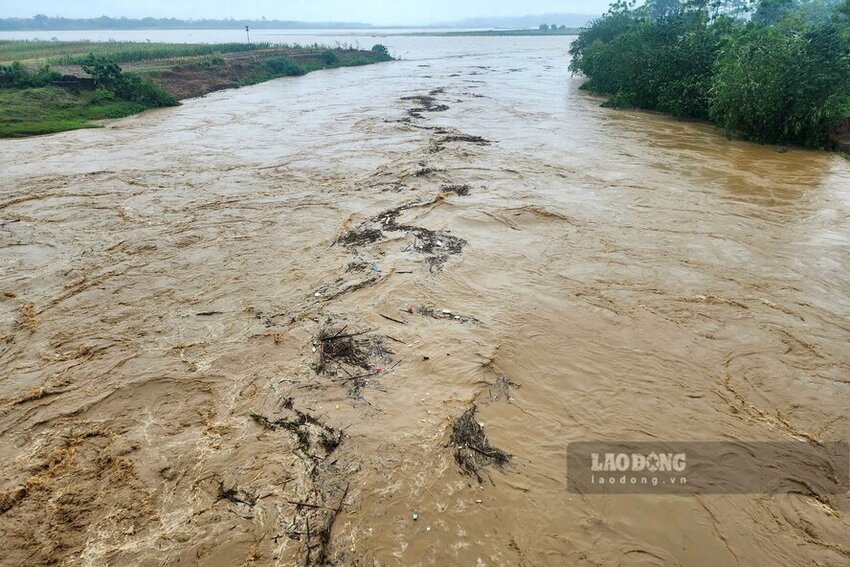 It can be seen that the flood water is raging and flowing very fast, carrying trees, rocks and soil from upstream into the Red River.