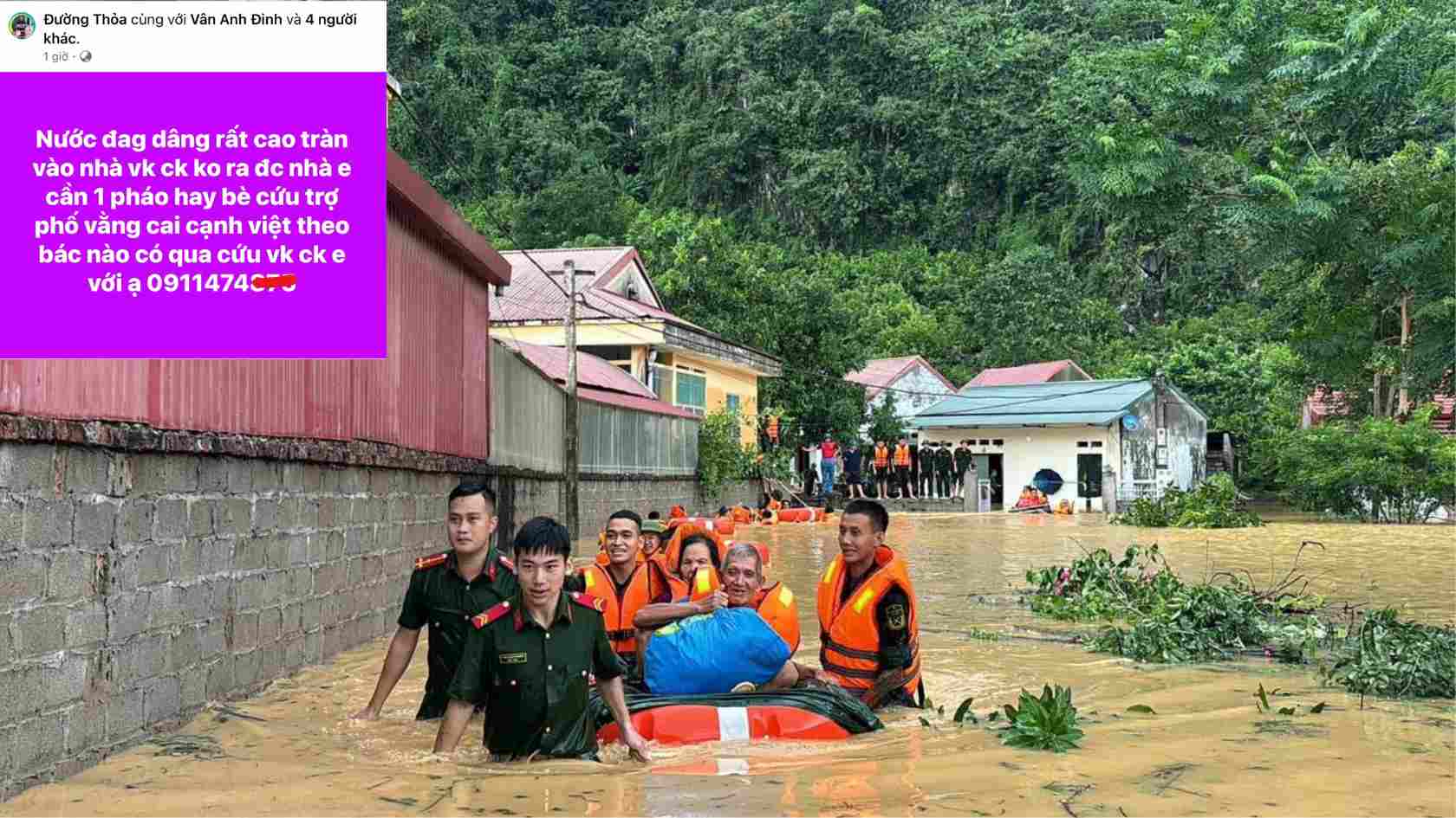 Người dân đăng bài lên mạng xã hội cầu cứu trong đêm khi nước lũ lên nhanh chưa từng thấy. Ảnh: Công an Hữu Lũng