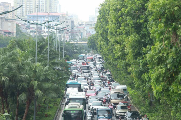 Fallen trees occupy part of Lang road causing long traffic jam. Photo: Viet Anh