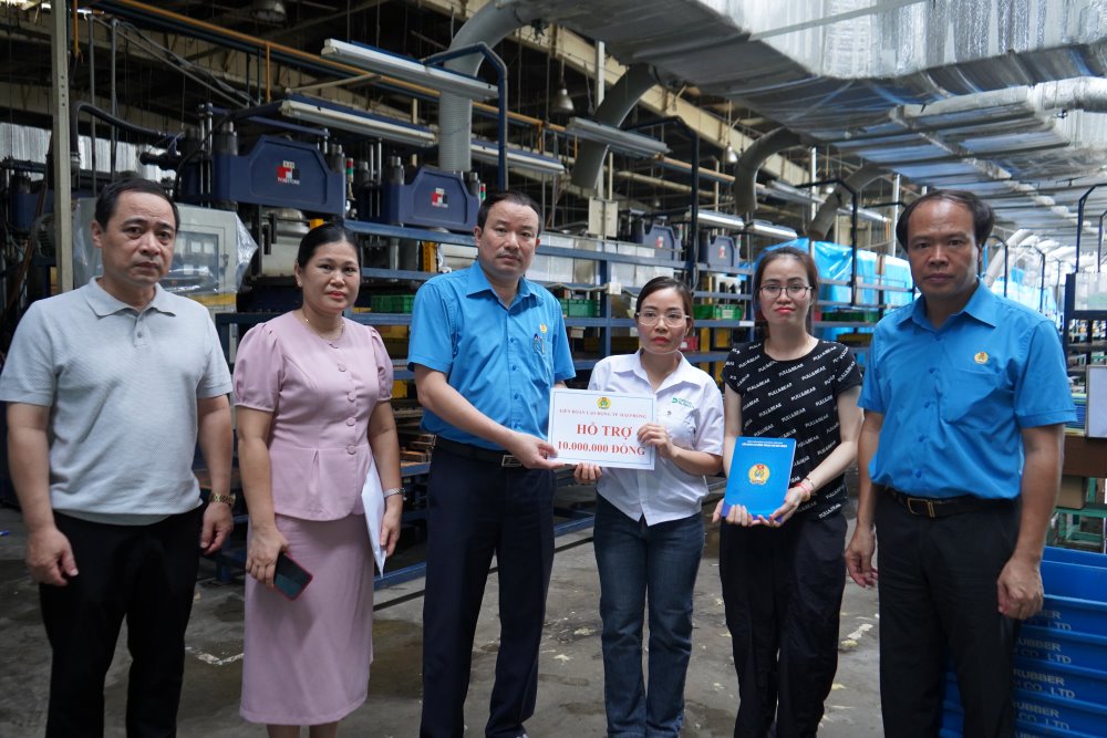 Lãnh đạo LĐLĐ TP Hải Phòng trao hỗ trợ Công ty TNHH Daito Rubber. Ảnh: Mai Dung