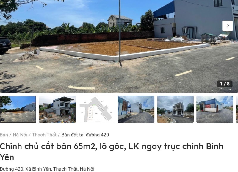 Một lô đất nền ở huyện Thạch Thất (Hà Nội) đang được rao bán trên trang Batdongsan.com.vn. Ảnh: Lan Nhi