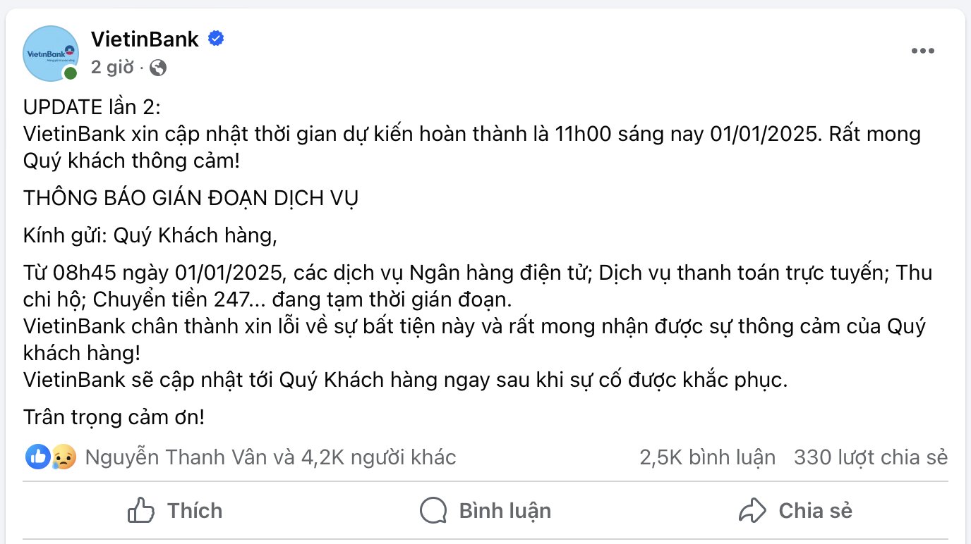 Fanpage chính thức của VietinBank đăng tải thông báo.
