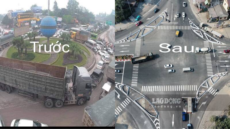 Nút giao Tân Long trước và sau cải tạo. Ảnh: Lam Thanh