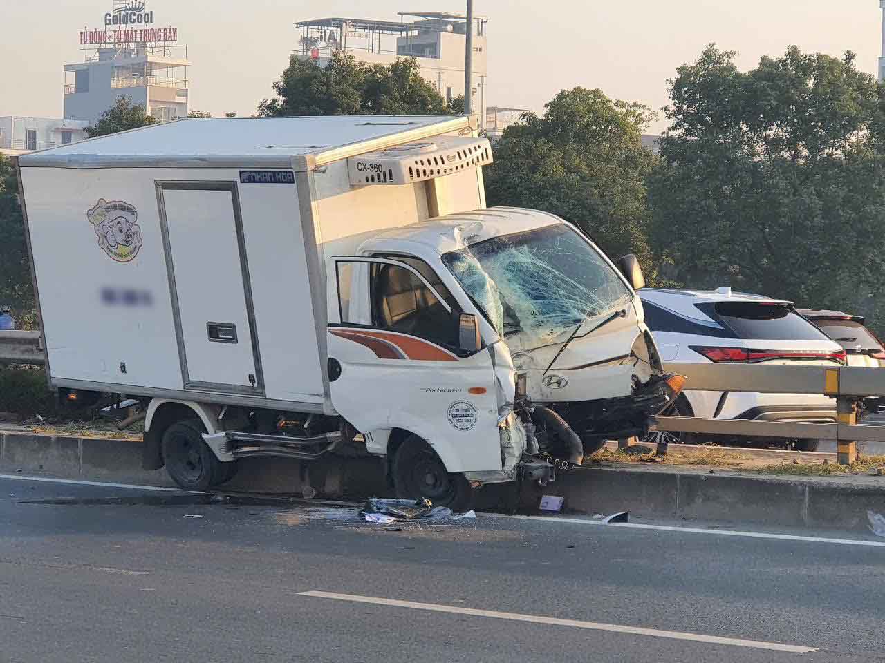 The truck crashed into the median strip after colliding with a motorbike going in the same direction. Photo: Le Hung