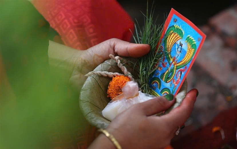 Nguoi dan dang le vat cau nguyen trong dip Naga Panchami, mot le hoi cua dao Hindu de ton tho than ran, o Kathmandu, thu do cua Nepal. Anh: Xinhua