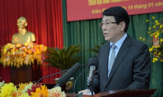 Chủ tịch nước Lương Cường phát biểu trong chuyến thăm, chúc Tết tại TP Phú Quốc. Ảnh: Lê Tây