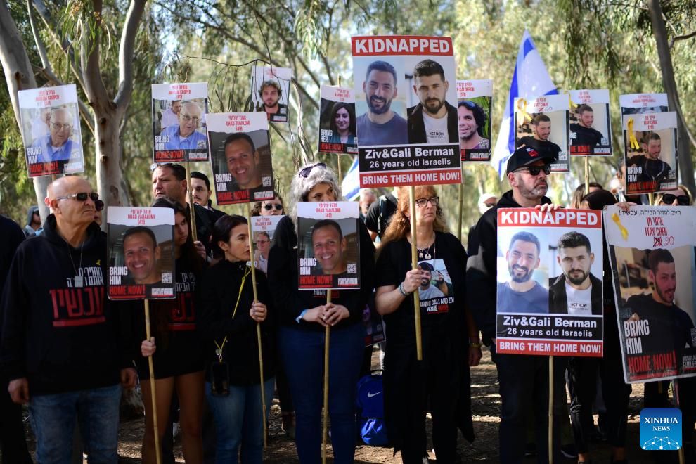 Families of hostages held by Hamas take part in a march in Re'im, Israel, February 28, 2024. Photo: Xinhua