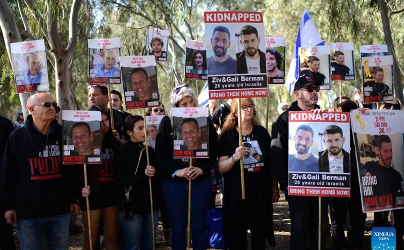 Families of hostages held by Hamas take part in a march in Re'im, Israel, February 28, 2024. Photo: Xinhua