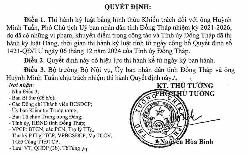 Mr. Huynh Minh Tuan - Vice Chairman of Dong Thap Provincial People's Committee was disciplined with a reprimand. Photo: dongthap.gov.vn