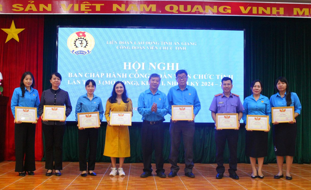 Ông Nguyễn Hữu Giang - Phó Chủ tịch Thường trực LĐLĐ tỉnh An Giang trao Giấy khen Ban chấp hành Công đoàn viên chức tỉnh An Giang. Ảnh: Lâm Điền 