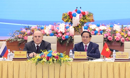 Thủ tướng Chính phủ Phạm Minh Chính và Thủ tướng Chính phủ Liên bang Nga Mikhail Mishustin đồng chủ trì Đối thoại Doanh nghiệp cấp cao Việt Nam - Liên bang Nga. Ảnh: Hải Nguyễn