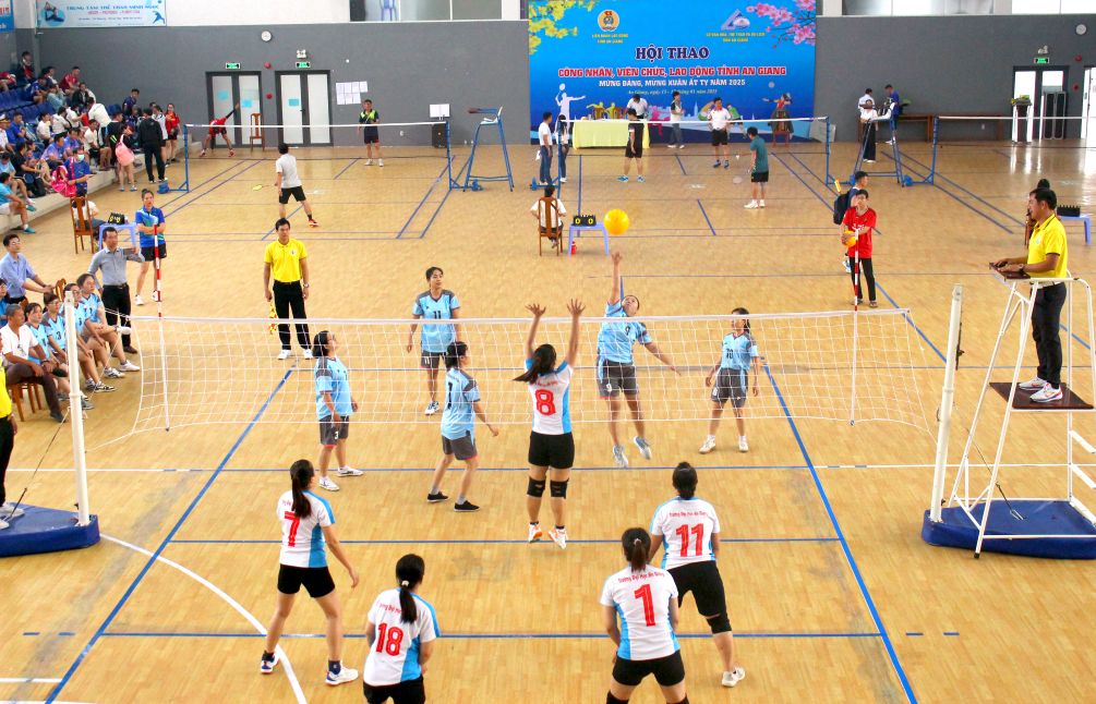 Hoi thao co 7 mon thi dau, gom: Bong da nam, cau long, quan vot, viet da, Pickleball, bong chuyen hoi nu va co tuong. Trong anh la thi dau bong chuyen hoi nu. Anh: Luc Tung