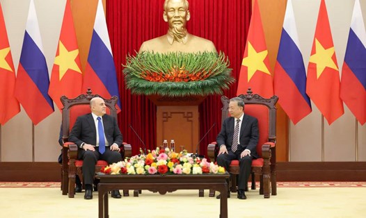 Tổng Bí thư Tô Lâm tiếp Thủ tướng Liên bang Nga Mikhail Mishustin ngày 14.1.2025. Ảnh: Hải Nguyễn