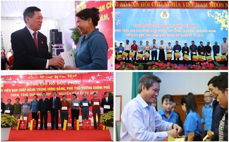 Deputy Prime Minister Ho Duc Phoc and Vice President of the Vietnam General Confederation of Labor Huynh Thanh Xuan visited and presented Tet gifts to union members and workers in Binh Dinh on the occasion of the Lunar New Year 2025. Photo: Hoai Luan