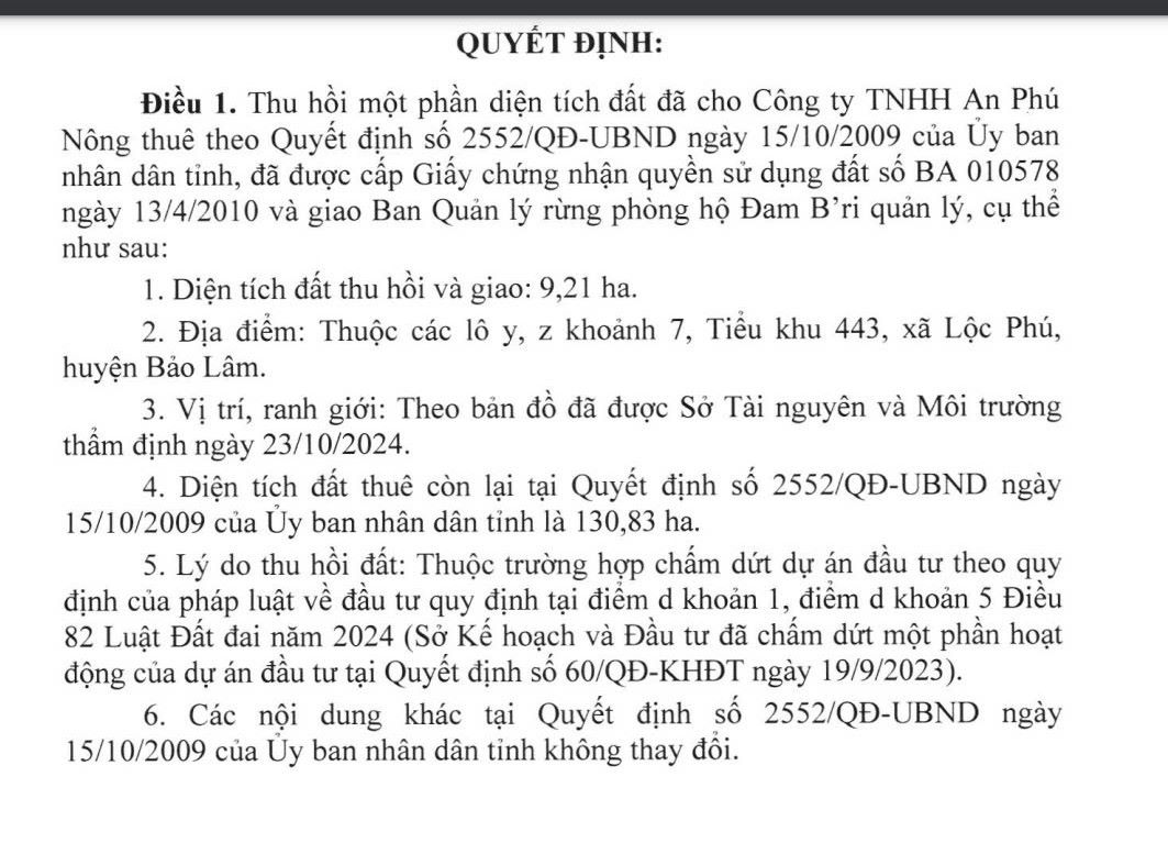 Decision to reclaim 9.21 hectares of land leased to An Phu Nong Company Limited. Photo: Bao Lam