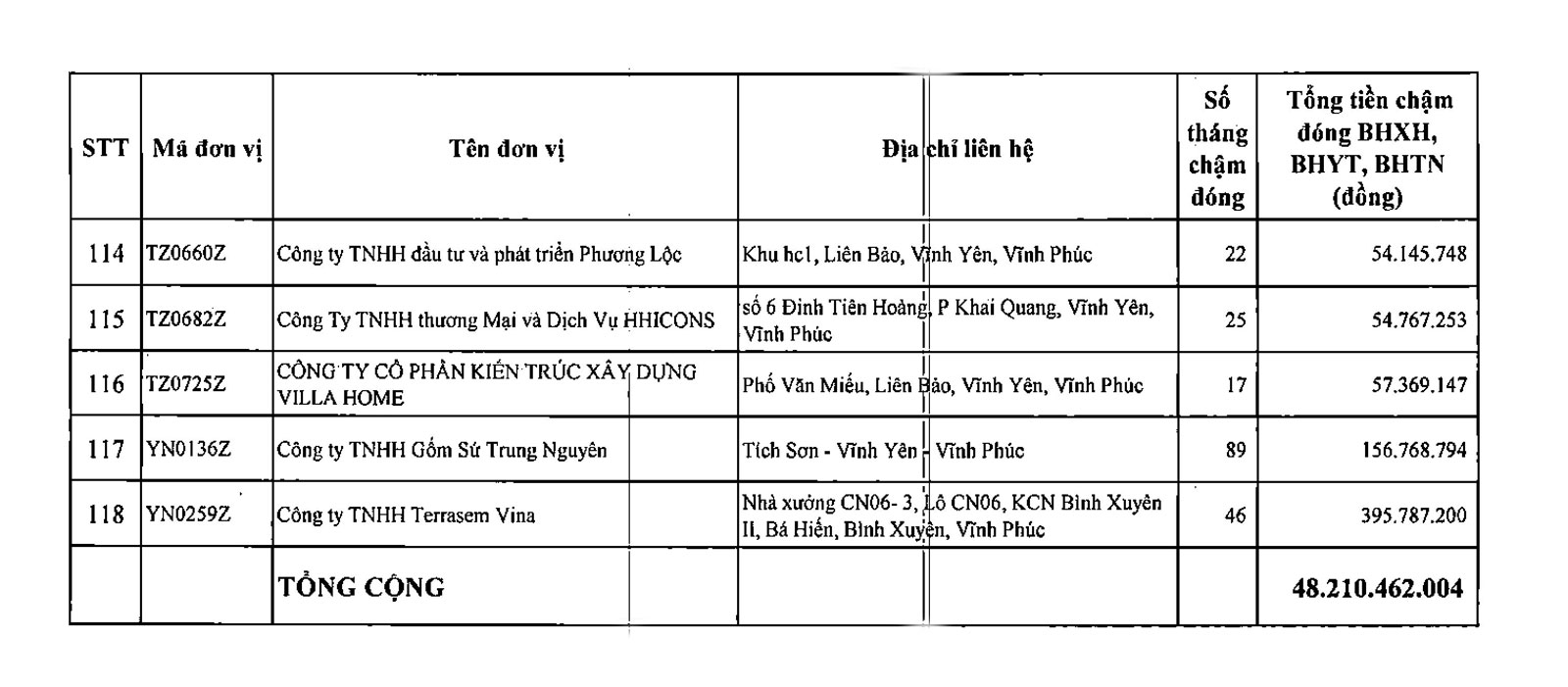 Danh sách đơn vị chậm đóng BHXH, BHTN, BHYT tính đến hết ngày 31.12.2024. Ảnh: BHXH Vĩnh Phúc