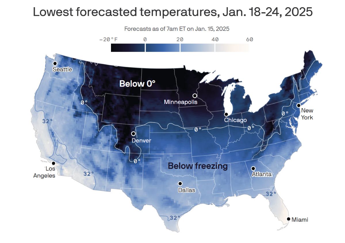 Cold air will cause temperatures in the US to drop sharply from January 18-24, 2025. Photo: NOAA/GFS/Axios