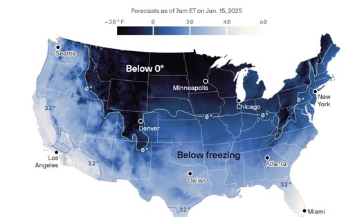 Không khí lạnh khiến nhiệt độ ở Mỹ giảm sâu từ ngày 18-24.1.2025. Ảnh: NOAA/GFS/Axios