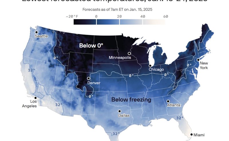 Cold air will cause temperatures in the US to drop sharply from January 18-24, 2025. Photo: NOAA/GFS/Axios