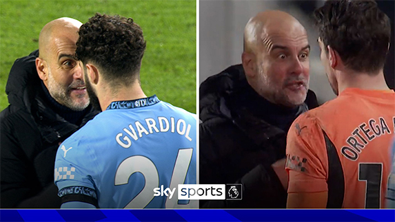 Pep Guardiola tỏ ra không hài lòng với màn trình diễn của Man City. Ảnh: Sky Sports