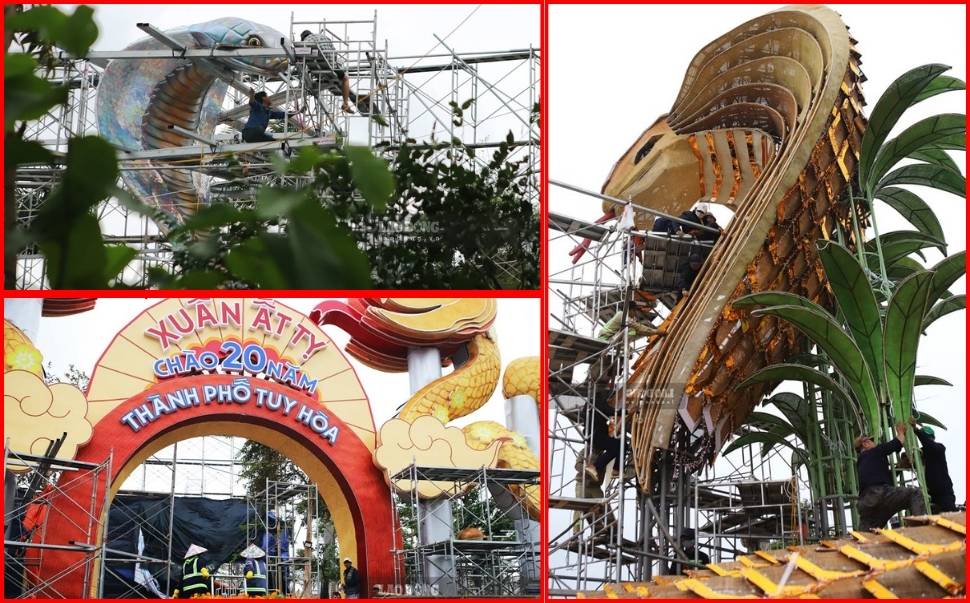 Workers are busy constructing the 2025 At Ty mascot cluster at the Youth Park (Tuy Hoa City, Phu Yen). Photo: Hoai Luan - Phuong Thao