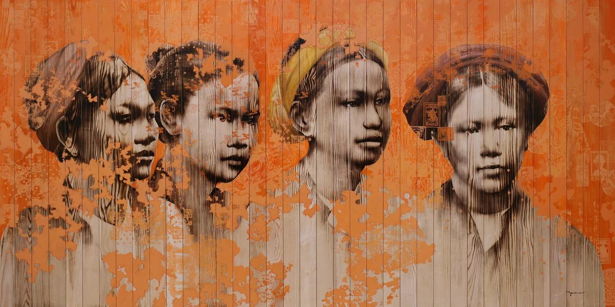 "Far East 2, Wood burning and composite on wood". Photo: Thang Long Art Gallery