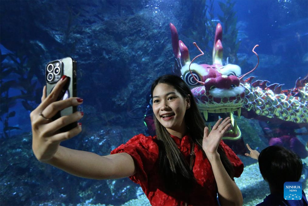 A tourist takes a selfie with an underwater dragon dance during a performance to celebrate the Lunar New Year 2025 at SEA LIFE Bangkok Ocean World in Bangkok, Thailand, Jan. 16. Photo: Xinhua