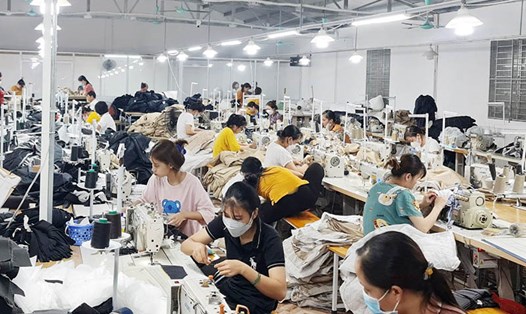 Công nhân tại Công ty TNHH may Tuấn Duyên tất bật tăng ca làm việc để kịp tiến độ xuất hàng khi công ty không tuyển dụng được lao động mới. Ảnh: Mạnh Cường.