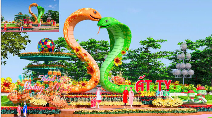The 2025 snake mascot graphic is decorated at Ba To Park, Quang Ngai City. Photo: Quang Ngai Urban Environment Joint Stock Company.