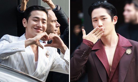 Nam Yoon Su, Jung Hae In chào người hâm mộ khi dự show Dolce & Gabbana. Ảnh: X