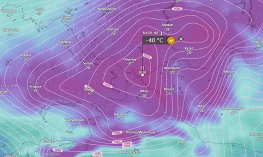 Khối không khí lạnh cực mạnh ở Siberia (Nga) và Mông Cổ sẽ tràn xuống Việt Nam vào sát Tết. Ảnh: Windy.com