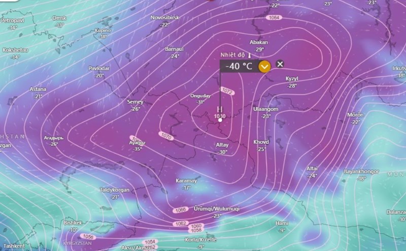 Extremely cold air mass in Siberia (Russia) and Mongolia will spread to Vietnam near Tet. Photo: Windy.com