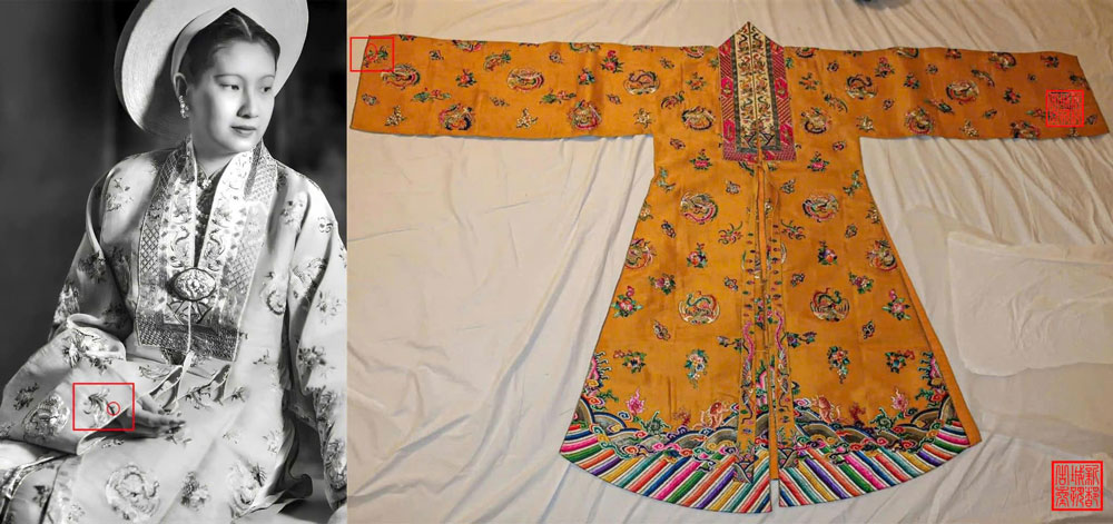 Compare and contrast the front of Queen Nam Phuong's Nhat Binh dress through old photo documents and photographed artifacts. Photo: Nguyen Tan Anh Phong