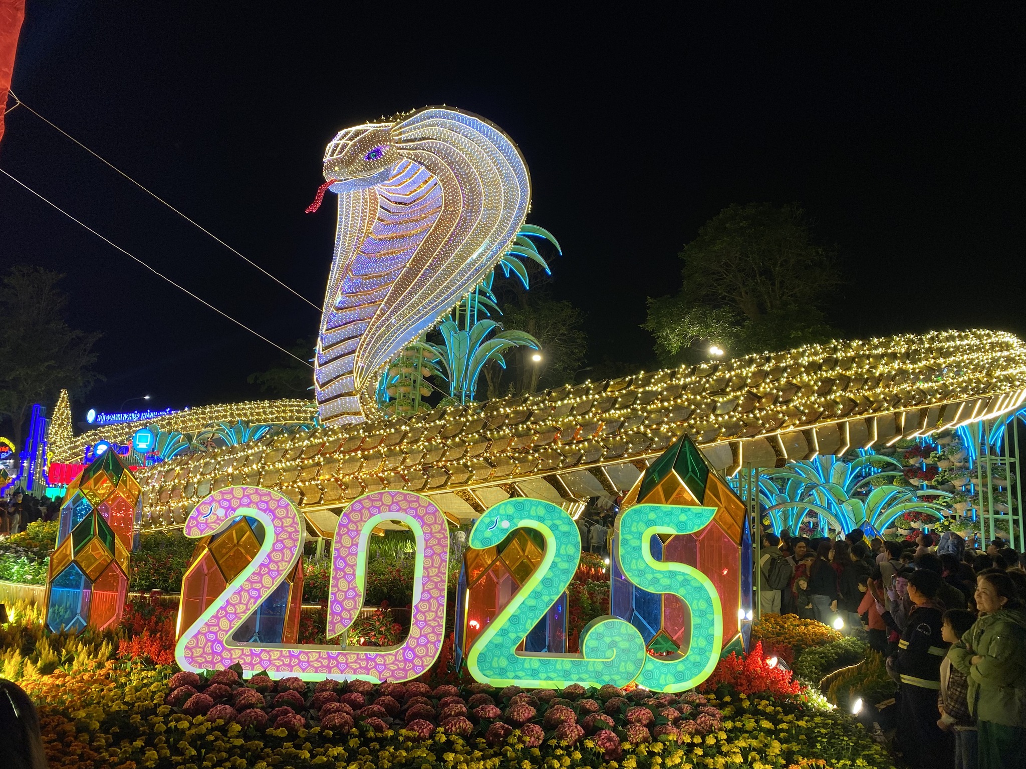 Tai duong hoa thanh pho Tuy Hoa, tinh Phu Yen, linh vat ran duoc lam theo chu de “Kim Ty Phu Quy” voi nhan vat chinh la ran bac nhieu mau sac, mang mong uoc “Van xuan du day”. Duong hoa co chieu dai 250m, su dung 70.000 gio hoa, 20.000m den led day dinh hinh va hon 400 den chieu diem va den pha thu hut nguoi dan va du khach den check-in ca ngay va dem. Anh: Tropical Trip Phu Yen