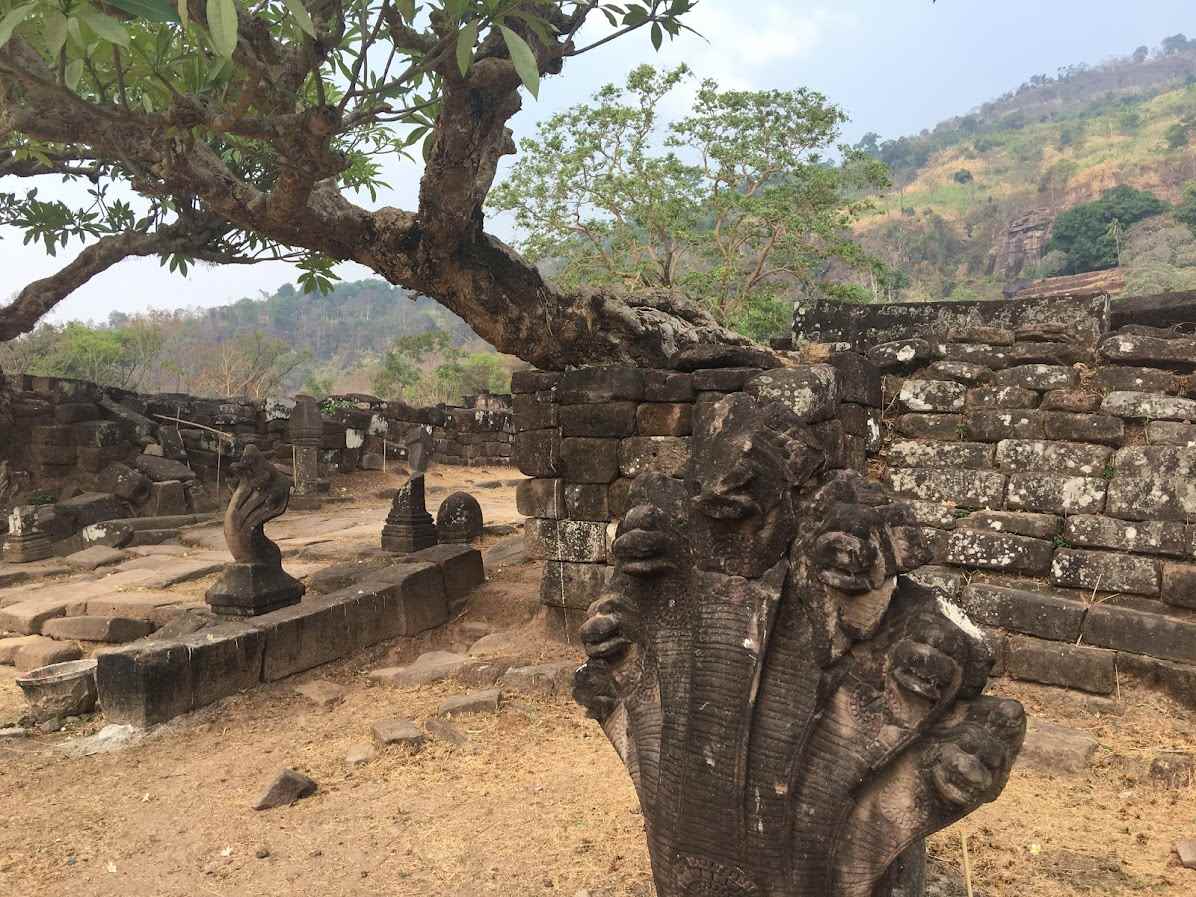 Multi-headed snake statues appear at Wat Phou temple, Laos. Photo: Thanh Hai