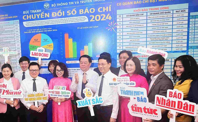 Member of the Politburo, Secretary of the Party Central Committee, Head of the Central Propaganda Department Nguyen Trong Nghia (6th from left) together with leaders of the Ministry of Information and Communications, Vietnam Journalists Association officially announced the Picture of Digital Transformation of Journalism in 2024. Photo: DAT PHAN