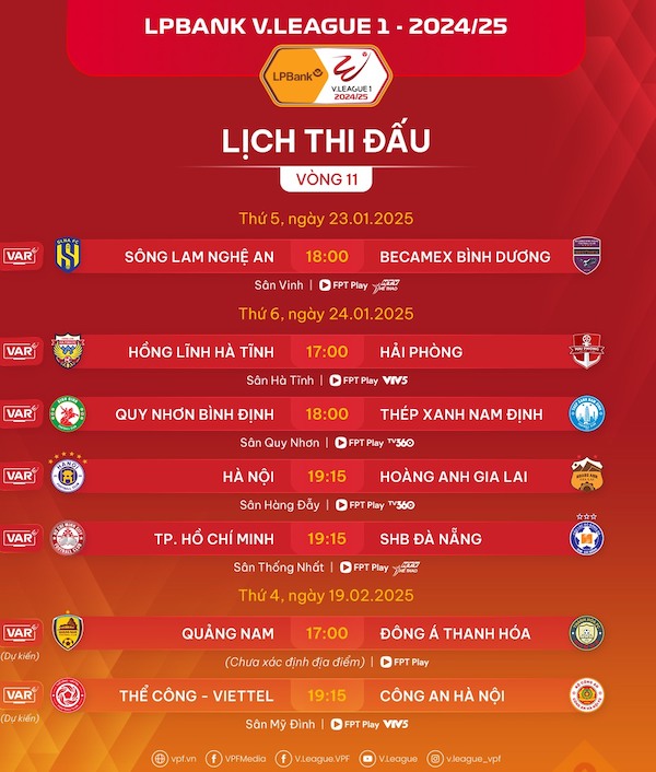 Lich thi dau vong 11 V.League 2024-2025. Anh: VPF