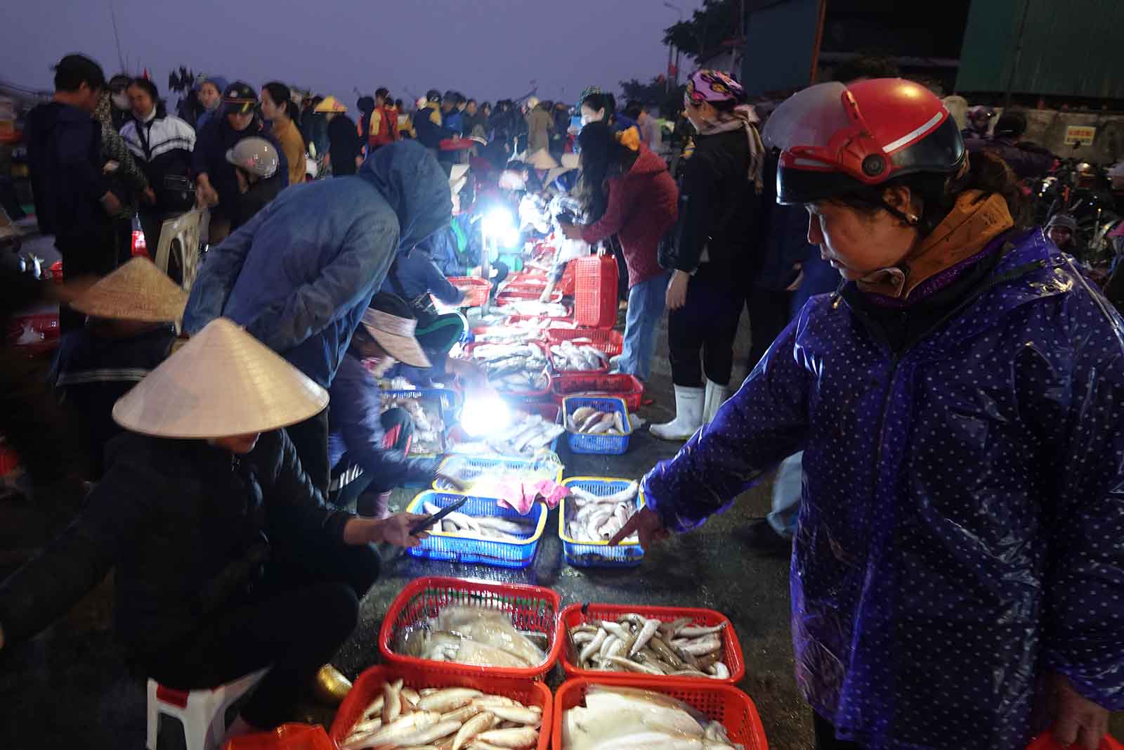 Khoang 5h sang tren Cang ca Cua Sot da chat kin nguoi mua, ban. Anh: Tran Tuan.