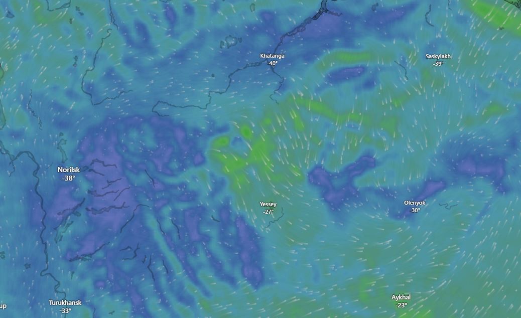 Extremely cold air in Siberia (Russia). Photo: Windy.com
