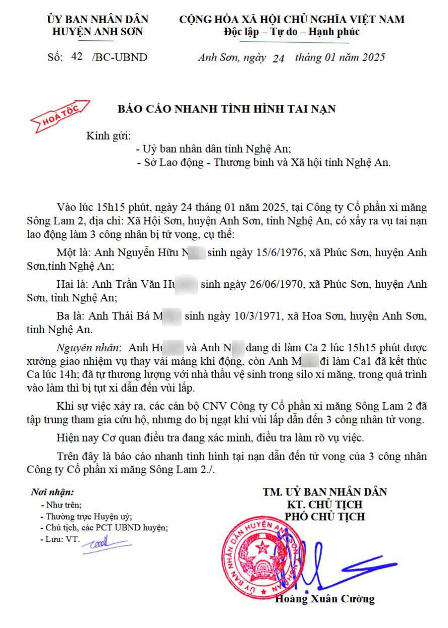 Bao cao cua UBND huyen Anh Son ve vu tai nan lao dong. Anh: Quang Dai