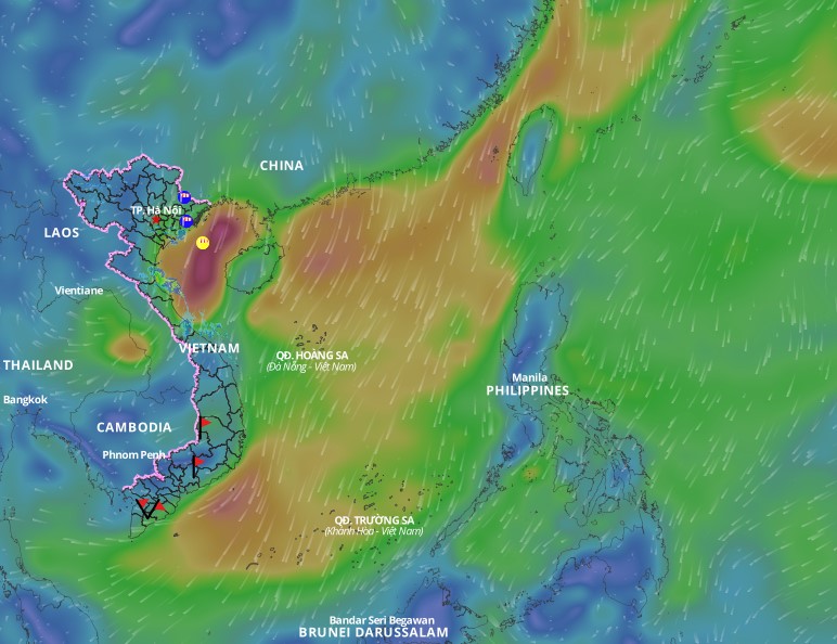 Cold air is forecast to continue causing bad weather in many areas of the East Sea. Above is the image of the wind direction layer over the sea updated at 4pm on January 26. Photo: Vietnam Natural Disaster Monitoring System