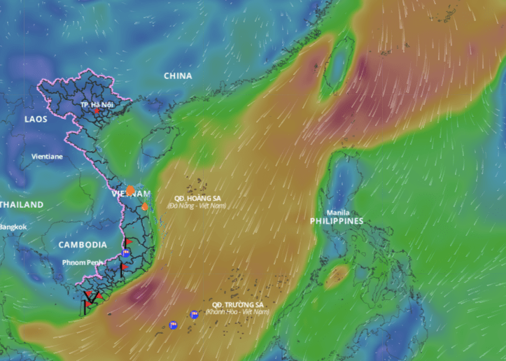 Cold air is forecast to continue causing bad weather in many areas of the East Sea. Above is the image of the wind direction layer over the sea updated at 4pm on January 27. Photo: Vietnam Natural Disaster Monitoring System