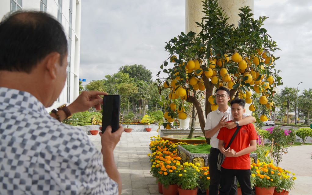 Diem nhan la nhung chau buoi dien duoc sap dat ngay loi vao, thu hut su chu y cua dong dao nguoi dan. “Cac chau buoi dien duoc trung bay qua dep, trai sum sue. Toi tranh thu dua cac con den day cho bon tre tham quan va chup anh“, ong Pham Phu mot nguoi dan TP Soc Trang (tinh Soc Trang) chia se.