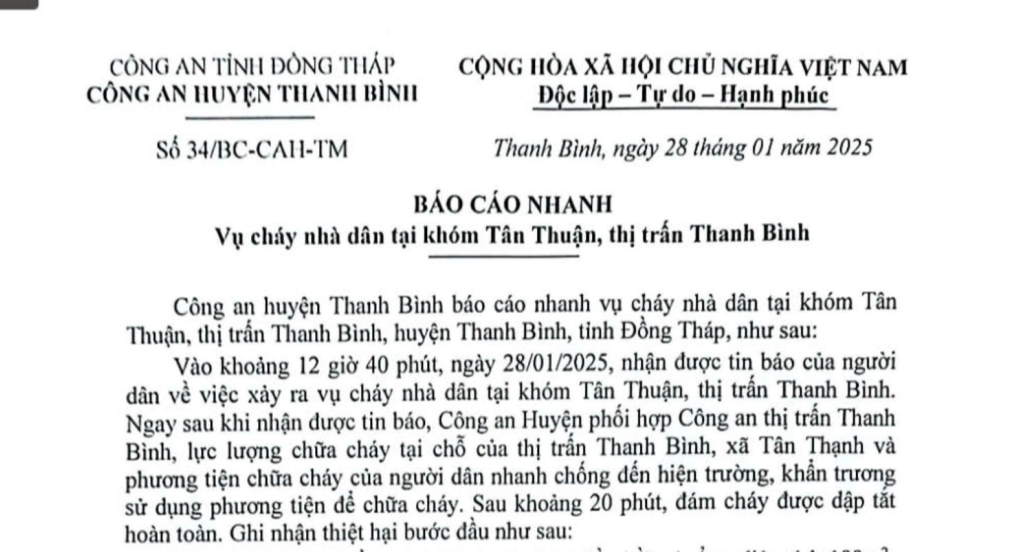 Mot phan van ban bao cao vu hoa hoan lam chay hoan toan 3 can nha truoc them Giao thua Tet At Ty. Anh: Thanh Mai